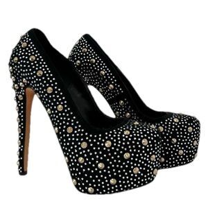 Funky Black Stiletto Platform Pumps with Goldtone Studs and Rhinestones